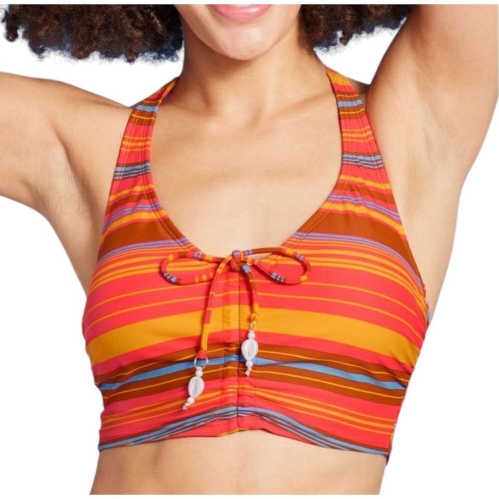 NEW Wild Fable Drawstring Ruched Halter Longline Red Striped Bikini Top S‎